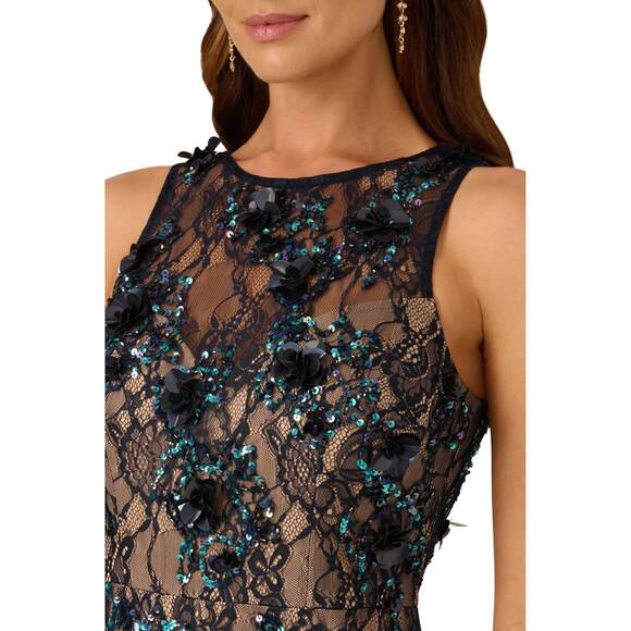 NEW ADRIANNA PAPELL sequin lace overlay sheath gown dress in midnight multi nude - Picture 4 of 4